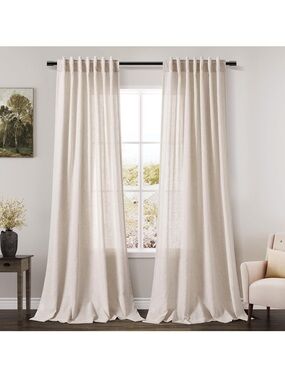 Beige Flax Linen Curtains 52 x 84 inches Long for Living Room 2 Panel Tan Burlap